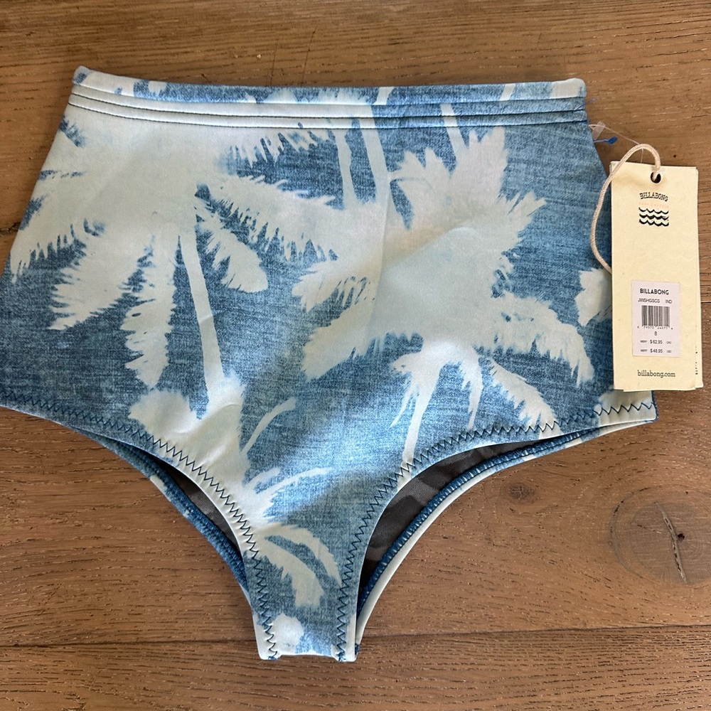 Billabong Blue and White Palm-Print Swim capsule High-Waist Bikini Bottoms